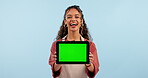 Business owner, woman and tablet green screen for e commerce, shopping or hospitality service in studio. Face of waitress or cashier digital presentation, menu and tracking marker on blue background