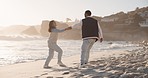 Love, dance and couple at a beach for travel celebration, happy and fun in nature. Freedom, ocean and man with woman at the sea dancing, smile and bond on excited about traveling trip in Puerto Rico