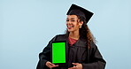 Graduation student, woman and tablet green screen, presentation space or registration in studio. Face, african graduate and digital mockup, elearning and education tracking marker on blue background