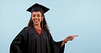 Happy woman, graduate and university student point at studio info, scholarship offer or school branding. Mockup space, college portrait and learning person with education checklist on blue background