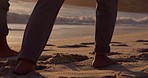 Relax, sunset and beach and feet of couple walking for health, freedom and love. Romance, relationship and peace with closeup of man and woman on seaside date for summer, legs and travel together