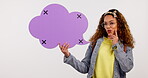 Speech bubble, woman thinking and student presentation, chat ideas, college question or education forum in studio. Decision face of african person, quote mockup or tracking marker on white background