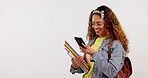 Woman, student and phone for education, e learning and university communication or funny chat in studio. Happy african person with books, backpack and mobile for resources on white background mockup