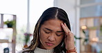 Face, woman and pain of headache in home from stress, mental health and fatigue for mistake. Sick, frustrated and tired asian person with anxiety, vertigo and challenge of debt, crisis and depression