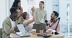 Radio, presenter and media team applause and high five in studio for podcast, interview or live stream success. Content creator, business people and celebration or happy for influencer collaboration