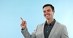 Smile, pointing and face of businessman in studio with choice, option or decision hand gesture. Happy, mockup and portrait of professional male lawyer from Canada show marketing or advertising space.