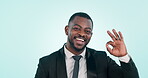 Ok sign, business and hand in studio for good review, feedback or agreement on a blue background. Happy professional black male person with gesture or emoji for approval, perfect and success portrait