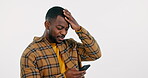 Student, man and phone with headache, stress and confused for college results or news in studio. Face of african person on mobile, worry for university fail and debt or loan email on white background