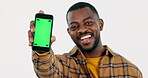 Face of black man, show or phone green screen for social media advertising or online branding. White background, technology or happy person with smile, mobile app chroma key or mockup space in studio