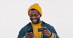 Black man, credit card and phone in studio for online shopping, digital payment or fashion promotion on white background. Happy model, mobile banking and password for ecommerce, sales deal or account