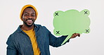 Black man, speech bubble and quote presentation, social media or creative chat and reviews on a white background. Face of young person with poster, communication mockup and tracking marker in studio