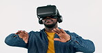 VR, hands and man in studio for digital future innovation, gaming experience or metaverse on white background. African gamer, virtual reality glasses or futuristic elearning software of 3D cyber user