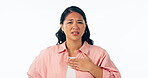 Woman, chest and sick of pain in studio for breathing, asthma or cardiovascular healthcare on white background. Portrait of asian model, tuberculosis and emergency for anxiety, lungs and heart attack