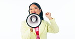 Woman, megaphone and voice for announcement, broadcast or news of sale or discount on a white background. Face of happy asian person with motivation, support and noise or shout for winner in studio