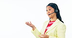 Business woman, call center and speaking, customer services communication and telecom in studio mockup. Professional agent, advisor or consultant talking on headphones, banner and a white background