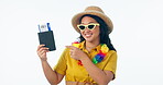 Ticket passport, excited and woman dance, pointing for flight and summer holiday in studio isolated on a white background mockup space. Sunglasses, travel hat and happy person celebrate vacation.