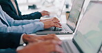 Hands, laptop and business people typing closeup in an office for planning, research or email communication. Computer, finance or accounting with an employee group in the workplace for strategy