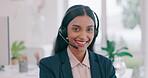 Call center, face and happy woman in office, telemarketing and contact us for support at crm help desk. Portrait, smile and customer service consultant, sales agent and Indian business professional