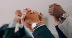 Group, collaboration and business people holding hands with trust in team building, connection or support. Teamwork, diversity and colleagues and friends with kindness, solidarity or community