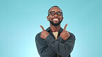 Black man, pointing at choice and advertising presentation, information or news, happy ambassador on blue background. Portrait, mockup space and launch announcement with option or decision in studio