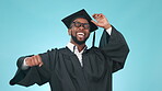 Graduation, dance celebration or happy student with education, college or university goal. Smile, pride or excited black man graduate in studio for success or learning achievement on blue background