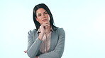 Thinking, corporate and a woman on a white background for business decision, idea or a vision. Mockup space, working and a female employee with a plan for peoject management on a studio backdrop