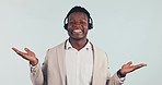 Call center, customer service and black man in studio for decision, choice or option for consulting. Telemarketing, portrait and person for CRM business, support and communication on gray background