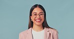 Woman, smile and face in studio with glasses for vision wellness, health or portrait. Female model, eye spectacle and happy in studio background as mockup for style, frames with confidence or pride