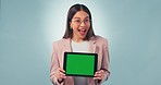 Business woman, smile and technology with green screen, studio and blue background in mockup with tracking markers. Female, entrepreneur or person for promotion, social media or digital marketing