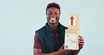 African courier man, boxes and studio with face, smile and service for supply chain by blue background. Delivery person, cardboard package and happy for commerce, logistics or product in shipping job