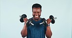 Black man, fitness and weightlifting with dumbbells for workout, exercise or training against a studio background. Portrait of African male person or bodybuilder lifting weights for muscle gain