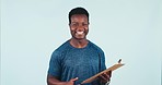 Smile, fitness and black man with clipboard in studio for muscle, strength and body building training. Happy, sport and young African male personal trainer with checklist isolated by white background