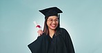 Face, graduation certificate and happy woman celebrate in studio isolated on blue background mockup space. Portrait, graduate and diploma of student for success, education achievement or college goal