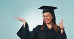 Happy woman, student and graduation with palm and thumbs up for success against a studio background. Portrait of female person or graduate smile with like emoji, yes sign or OK for mockup advertising