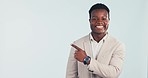 Face, business and black man with opportunity, pointing and announcement on a grey studio background. Portrait, African person or model with hand gesture, employee or review with decision or feedback
