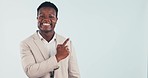 Face, business and black man with decision, pointing and opportunity on a grey studio background. Portrait, African person and model with hand gesture, employee and promotion with decision and worker