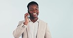 Black man, business and phone call conversation with happy employee and entrepreneur networking. Studio, white background and professional staff talking with a smile from Kenya and job discussion