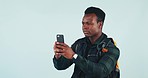 Phone, fail and black man hiking in studio with network, search or connection problem on grey background. Smartphone, crisis and African male backpacker frustrated by app, 404 or tech travel glitch