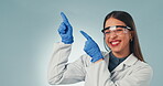 Happy woman, hands and scientist pointing in studio background with promotion or presentation of information. Science, portrait and person show mockup with checklist or menu guide in laboratory