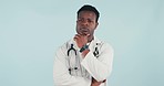 Studio black man, idea and doctor thinking of medical decision, hospital choice and brainstorming medicine solution. African nurse, why or surgeon question health, wellness or plan on blue background
