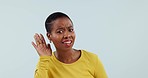 Gossip, speak up face of black woman with hand on ear in studio confused, what or questions on grey background. Portrait, emoji and frustrated African lady model with hearing fail, drama or fake news