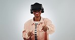 Virtual reality, digital world and black woman with screen, scroll and press with future technology on white background. Holographic, 3D and high tech with VR adventure, metaverse and fun in studio