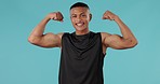 Happy man, fitness and flexing arms of bodybuilder in strength or power against a studio background. Portrait of active male person smile for strong body, workout or training exercise on mockup space