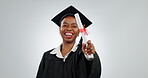 Graduation, woman and diploma of student in studio for school achievement and education success. Portrait of happy black person graduate with certificate for college scholarship on a white background