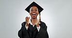 Woman, graduation and clap portrait of a student in studio for school achievement and education success. Happy black person graduate with applause for college congratulations on a white background
