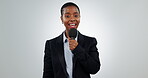 Reporter, face and news, black woman with mic for broadcast and live stream isolated on white background. Journalist, information and announcement, press and media with talk show and story in studio