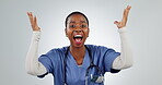 Wow, excited nurse and black woman, winner and success in studio isolated on a white background mockup space. Portrait, surprise and shocked medical surgeon in celebration of healthcare achievement