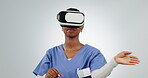 Black woman, doctor and virtual reality for digital healthcare, scroll and press on screen, high tech on white background. Innovation, futuristic and holographic medical info with metaverse in studio