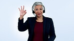 Call center, mature or face of businesswoman with perfect hand sign for consulting or support in studio. Okay, success or senior agent with a thank you gesture in customer services blue background