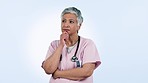 Worry, thinking and mature doctor in studio with hand gesture for decision, choice and options. Healthcare, nurse and isolated woman brainstorming solution, ideas and planning on blue background